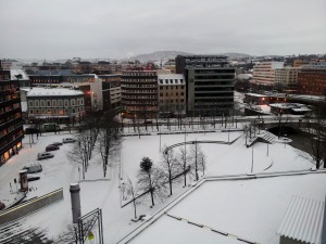 Oslo buildings at dusk. Winter weather