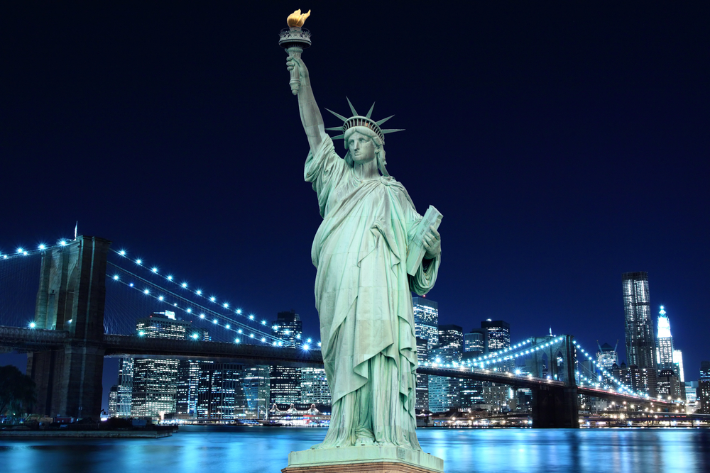 Brooklyn Bridge and The Statue of Liberty at Night 