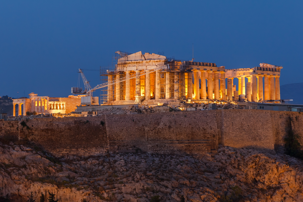 Parthenon construction in Acropolis Hill in Athens, Greece, night view