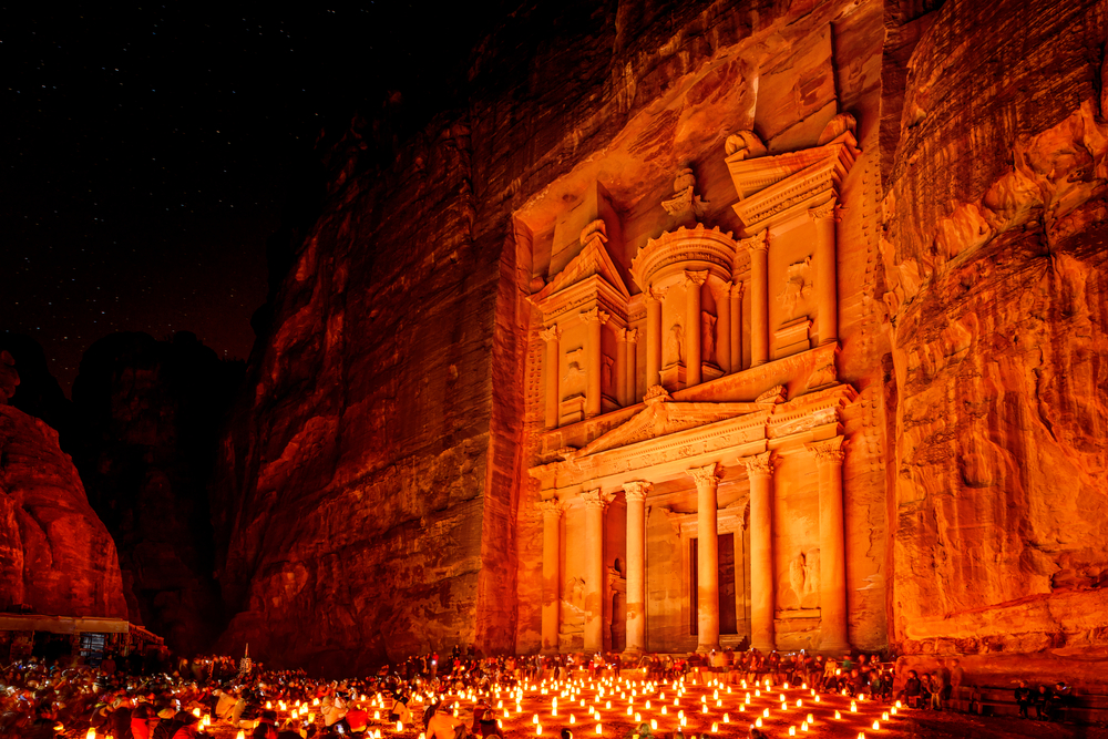 Night scene of Al Khazneh in Petra, Jordan