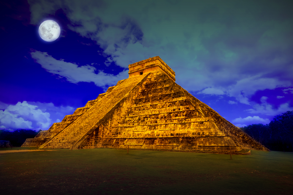 The pyramid of Kukulcan at Chichen Itza, night view