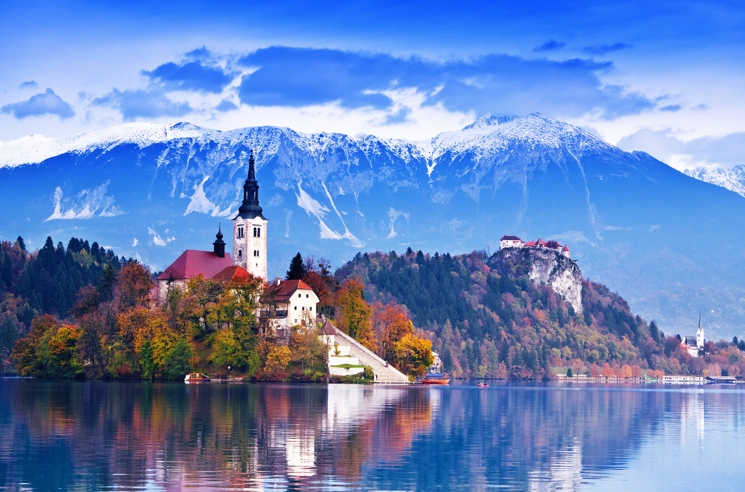 Aerial view of church of Assumption in Lake Bled, Slovenia 