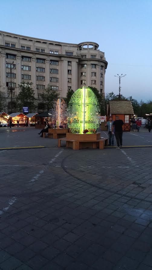 Easter Market in Bucharest, Romania - One of the giant Easter eggs that are lit during the evening 